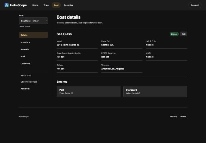 HelmScope Boat details with direct navigation to inventory, records, fuel, and locations