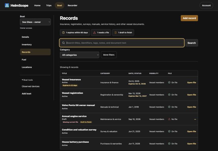 HelmScope Records with search, categories, and attention filters