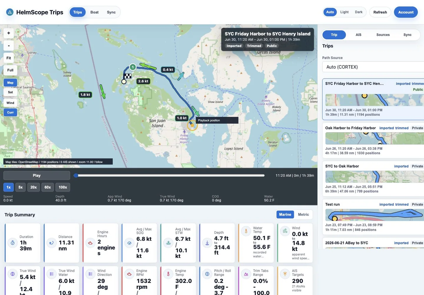 HelmScope hosted trip replay with route, timeline, conditions, and vessel data