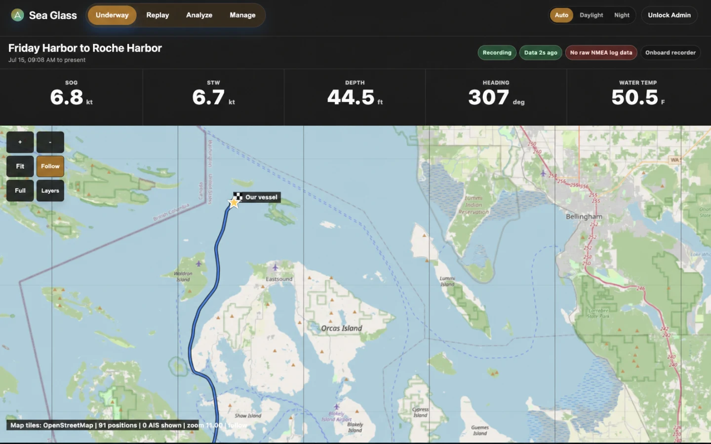 HelmScope Underway showing live vessel instruments, route map, and trip controls